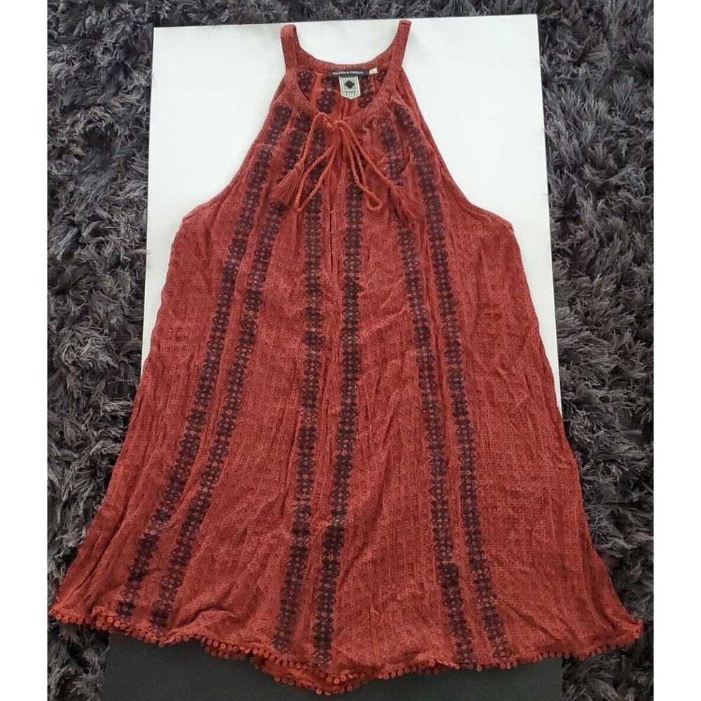Ghanda & Torquay L Sleeveless Gauzy Embroidered Keyhole Tassels Rust Tunic Top